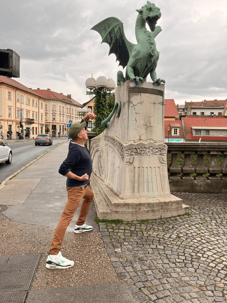 Danny attempting to fight off the dragons in Ljubljana.